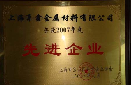 上海享鑫榮獲2007年度先進企業(yè)